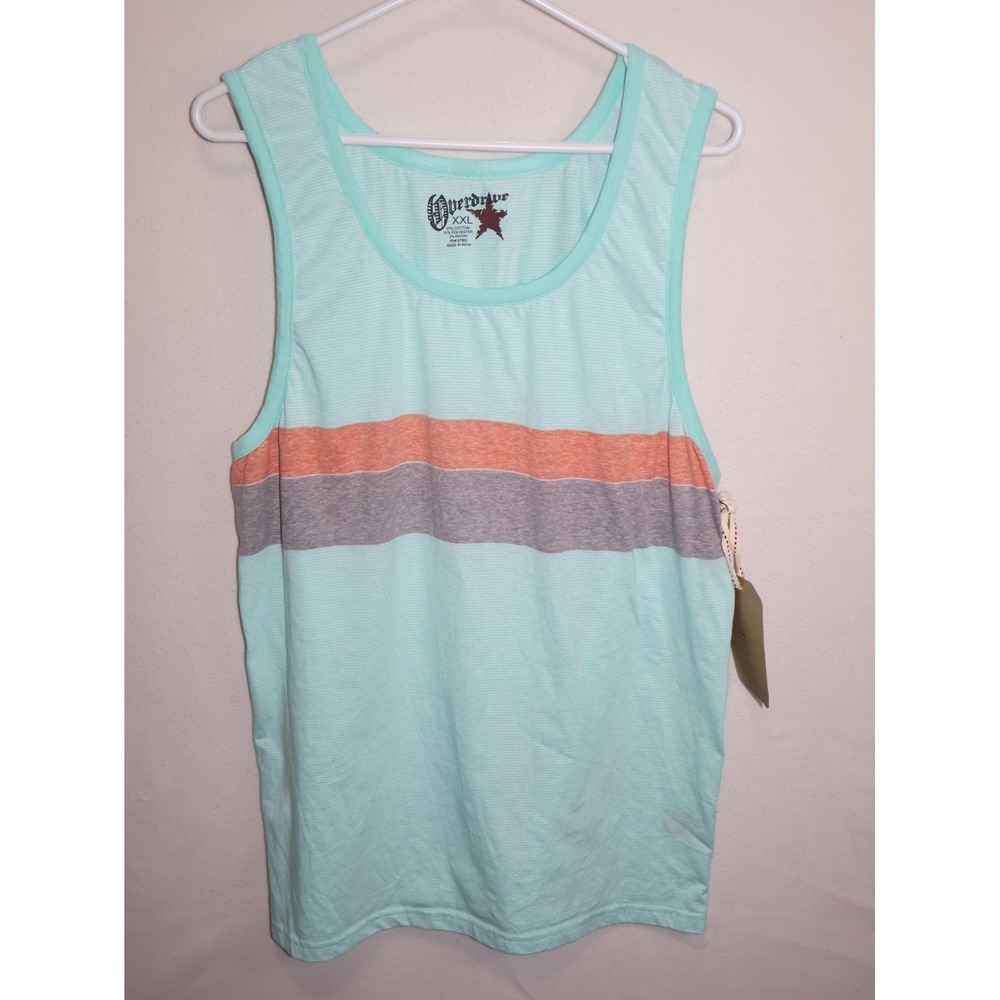 Overdrive Mens XXL Tank Top Mint Green Orange Grey Striped Sleeveless Shirt NWT